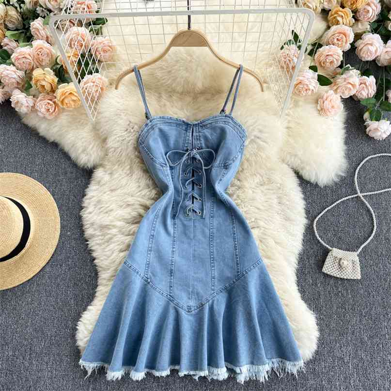 

Summer Spaghetti Strap Denim Dress Women Sleeveless Lace-up Bandage Slim Party Sexy Ruffles Tassels Mini Jeans 210603, Blue