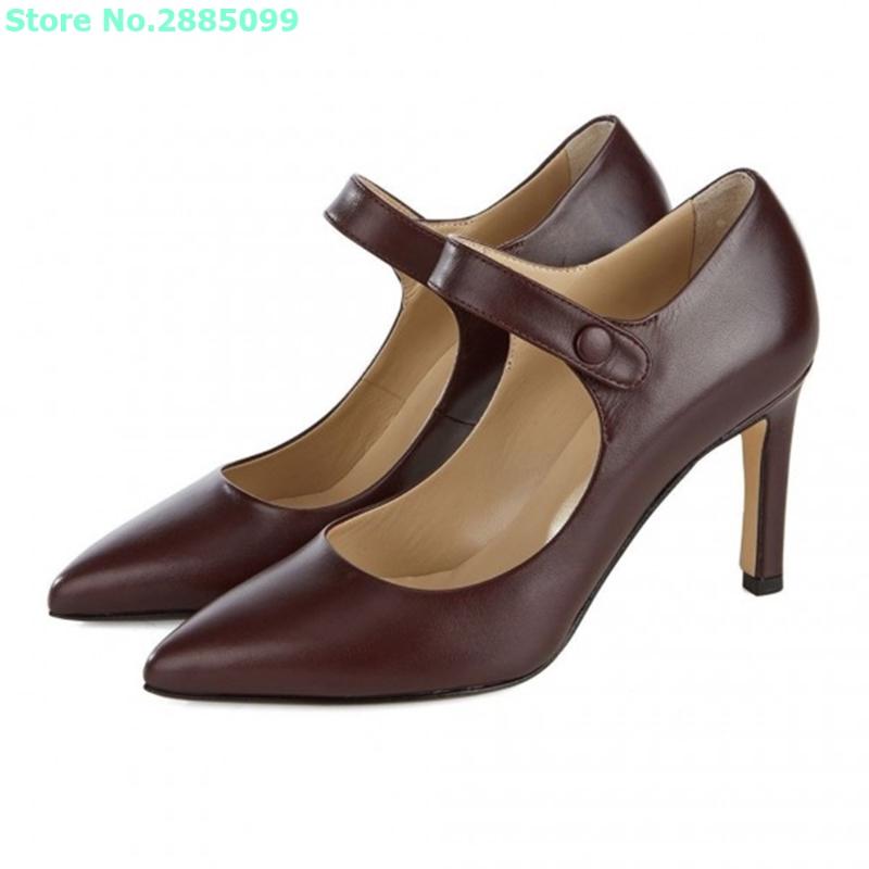 

Dress Shoes Dark Maroon Pointy Toe Pumps Vintage Style Thin High Heels Buckle Strap Shallow Women Summer Spring Mary Jane Office, As pic