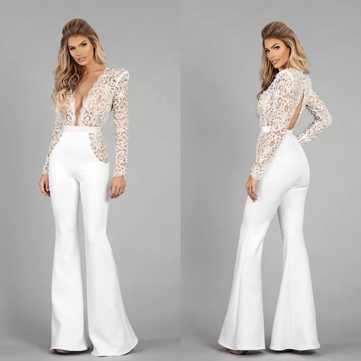

Long Sleeve Bohemian Wedding Jumpsuit Dress Lace Stain V-neck Keyhole Back Beach vestido de novia Bridal Gown with Pant Suit, Champagne