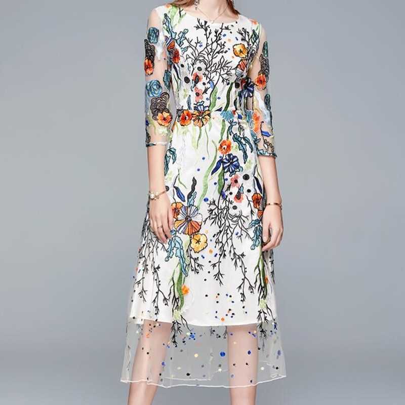 

ZAWFL Summer Fashion Streetwear Midi Dress Elegant Embroidery Mesh Women Half Sleeve O Neck A-line es 210525, Picture color