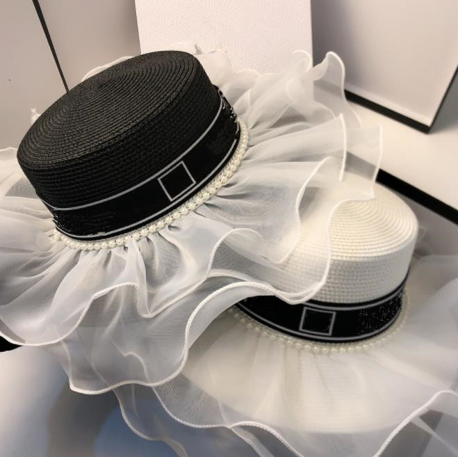 

7colors Brands Designer Caps mesh pearl Bucket Hat For Men Women Fitted Hats Wide Brim Checked Casual Fashion bow Straw Grass Braid Sun Summer 56-58cm, Blue;gray