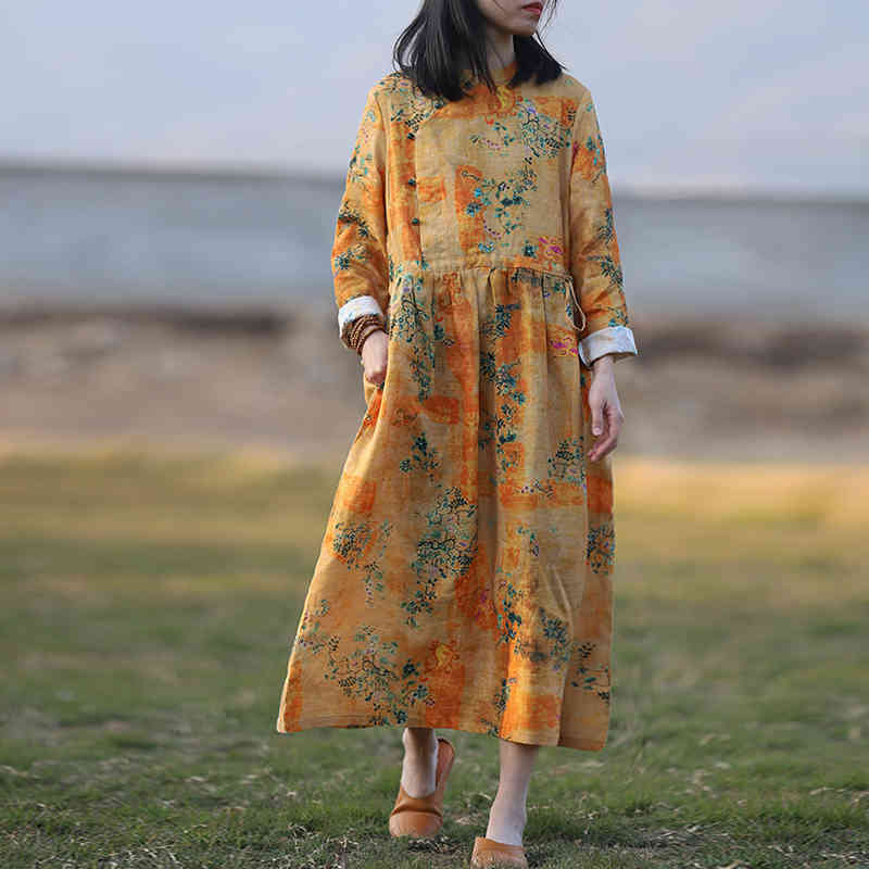 

Johnature Women Linen Vintage Button Dresses Print Floral Robes Spring Stand Long Sleeve Original Female Loose Dresses 210521, Mixed color