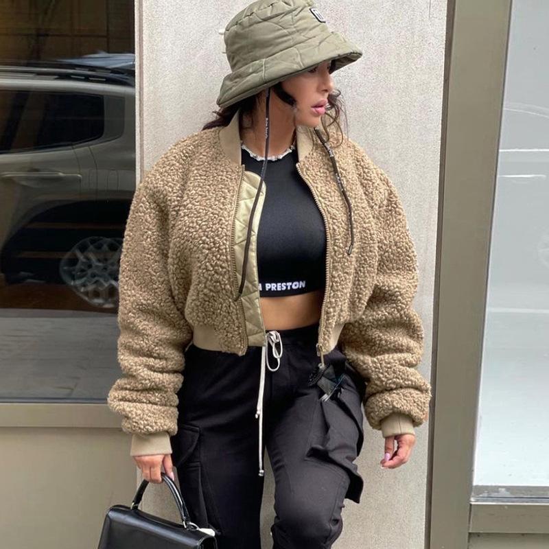 

Women's Jackets 2022 Winter Street Hipster Lamb Wool Baseball Uniform Jacket Stand-up Collar Fashion Warm Top, Black;brown