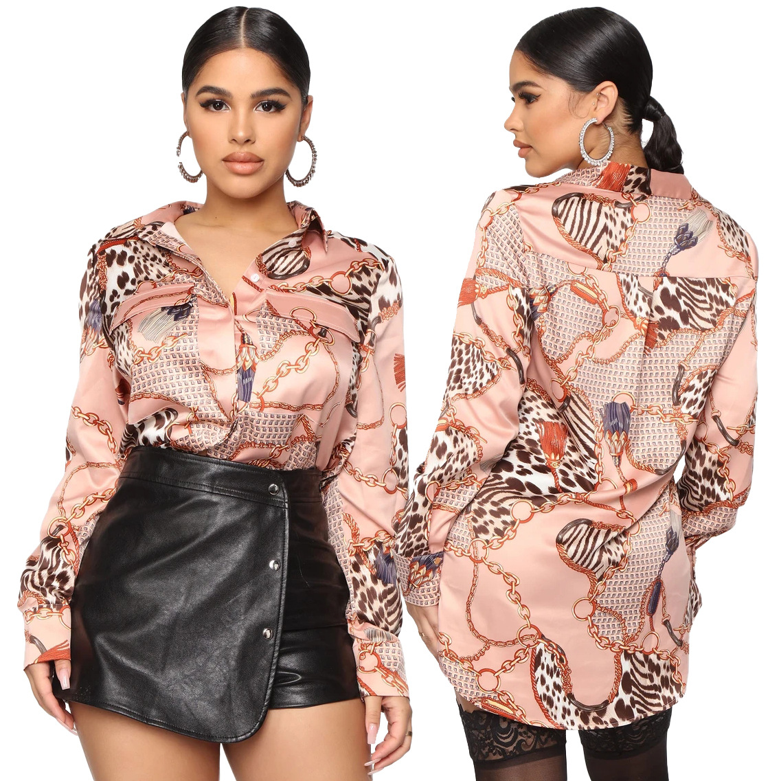 

Free Ship 2021 Women Fashion Leopard Print Lapel Neck Shirt Casual Slim Long Sleeved Blouse Tops 3XL, White