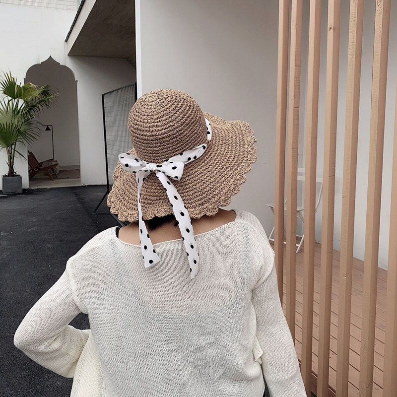 

Dual purpose sweet spot ribbon lace straw hat for women's summer vacation Big Brim Sun visor can be folded, Beige