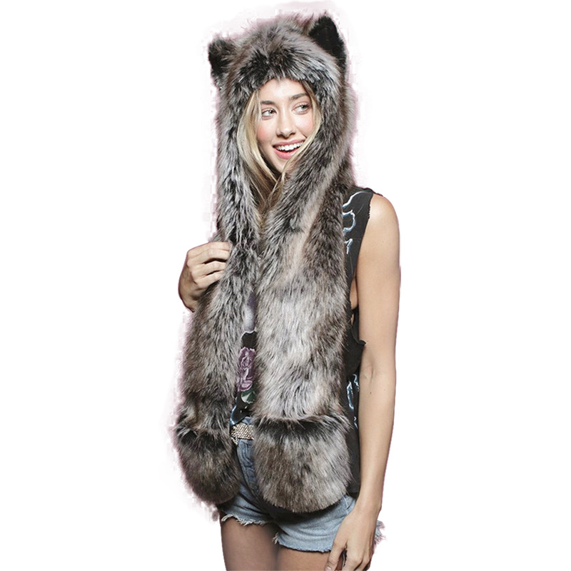 

Neutral winter European and American imitation fur hats plush animal hats, cute cartoon hats, scarves, gloves, Blue;gray