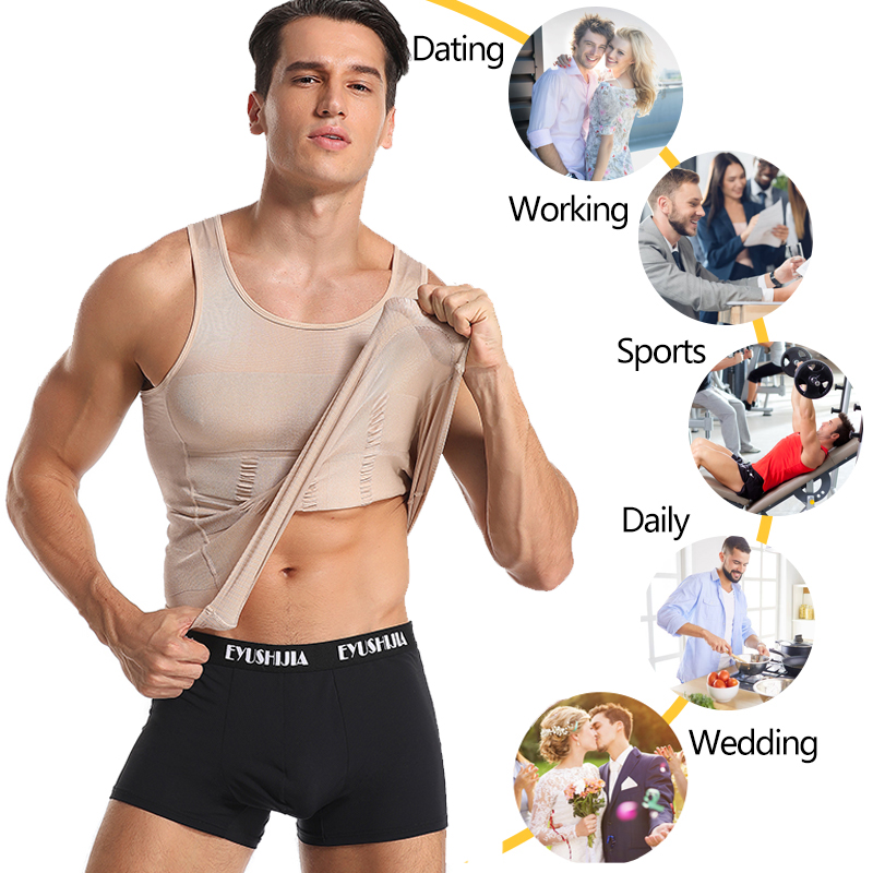 

Men Body Shapers Tight Skinny Sleeveless Shirt Fitness Waist Trainer Elastic Abdomen Tank Tops Slimming Boobs Gym Vest 3 pcs, Beige