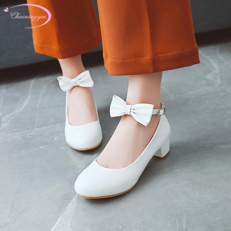 

Party Style Comfortable Round Toe Pumps Fashion Bowknot Buckle White Beige Pink Medium With Chunky Heel Women's Shoes Big Size Dress, Black
