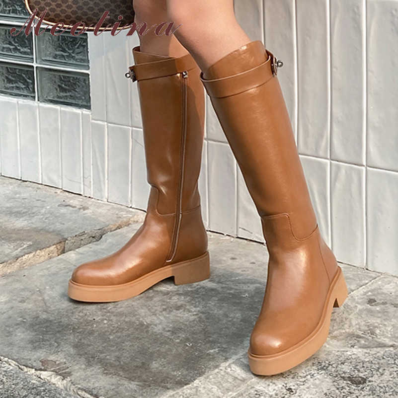 

Meotina Real Leather Riding Boots Women Platform Med Heel Knee High Boots Buckle Thick Heel Shoes Wool Zip Female Long Boots 40 210608, Beige pigskin lining
