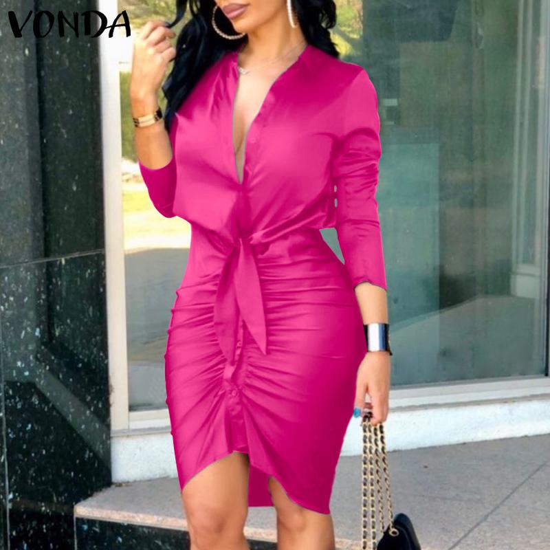 

Plus Size Dresses VONDA 2022 Casual Sundress Autumn Holiday Robe Elegant Bohemian Vestido Femme Long Street Loose Solid Bodycon Dress, Black