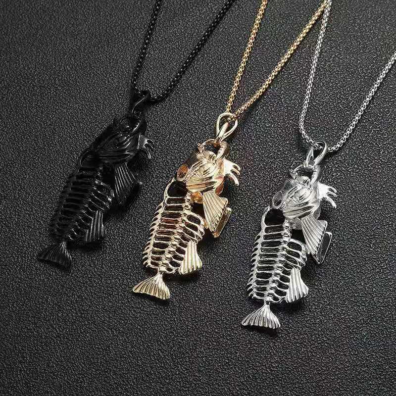 

Pendant Necklaces 2021 European And American Fashion Unisex Party Gift Alloy Fish Bone Necklace Hip Hop Rock Personality Trend Men's Neckl, Silver