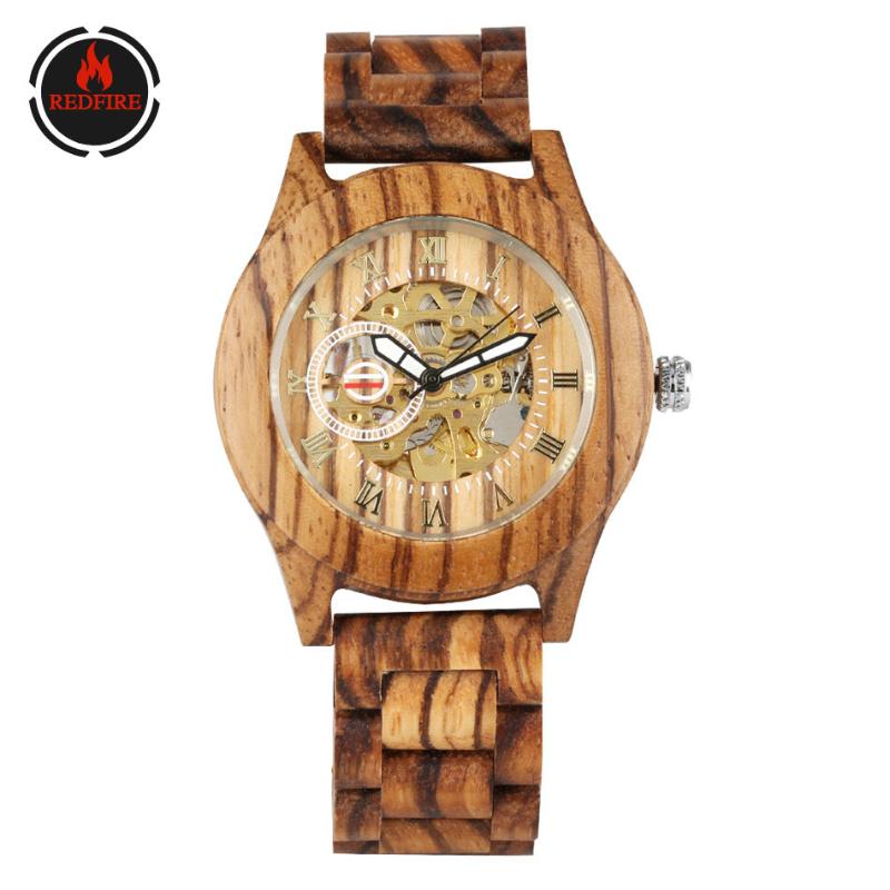 

Roman Numerals Display Mechanical Men Watch Automatic Timepiece Full Wooden Wristwatch Vintage Men's Self Winding Wristwatches, Brown