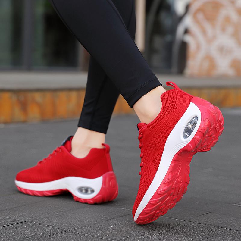 

Wholesale Women's fashion running shoes cushion sneakers red purple black spring cross-border fly weaving breathable trendy net rocking casual, A2