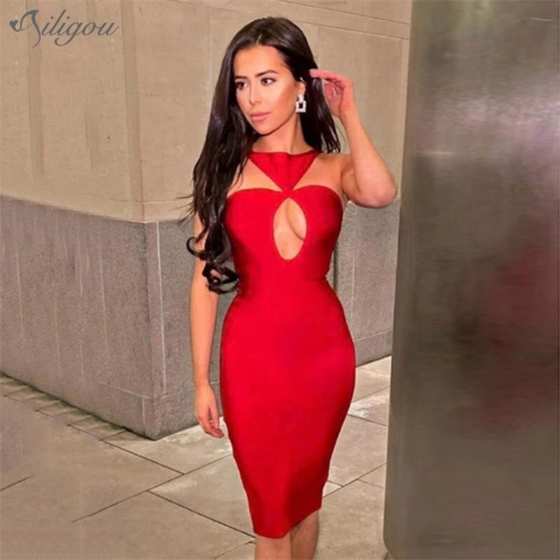 

Fashion Ladies Red Sleeveless Hollow Backless Zipper Hips Nightclub Rayon Bandage Knee Length Sexy Party Dress 210525