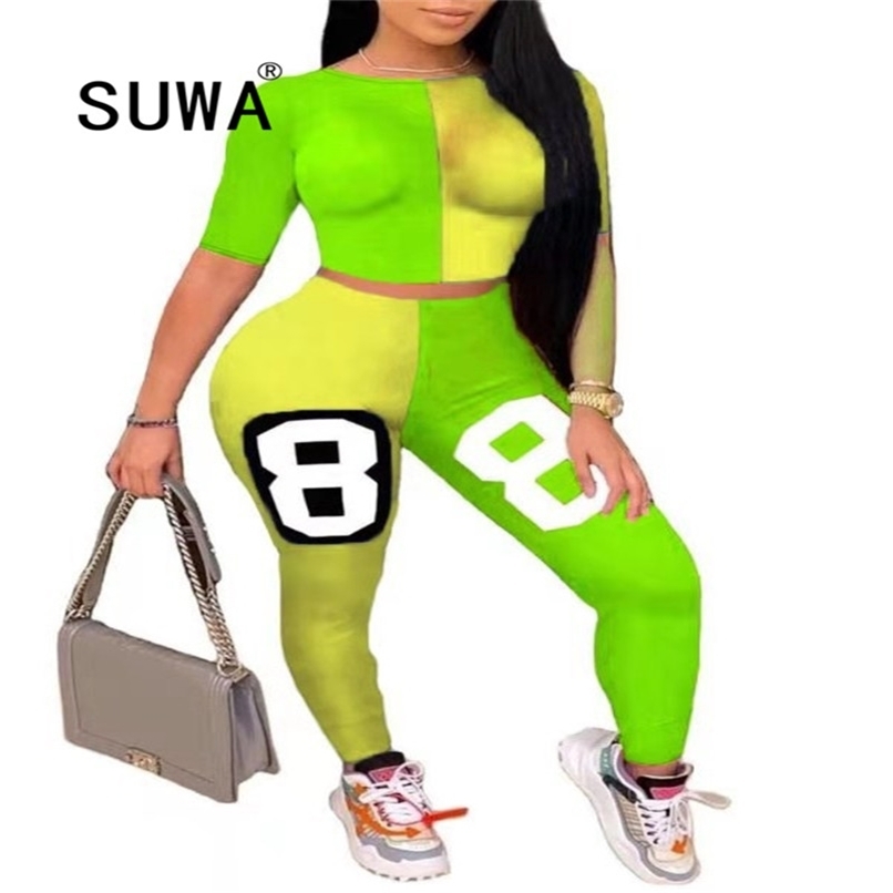 

Loungewear Summer Casual Outfits Women Two Piece Pants Sets Short Sleeve Crop Top Tunic + 8 Letter Printed Sweatpants Streetwear 210525, Green