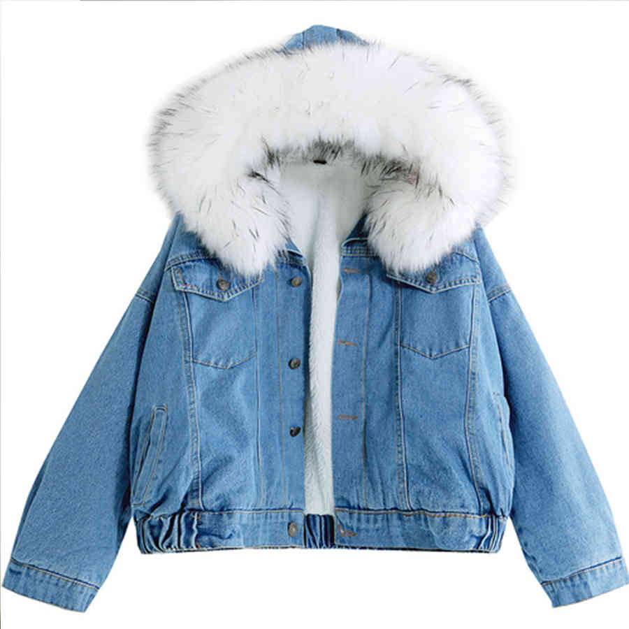 

Women' Jackets Winter thick hair collar denim female jacket Korean lamb loose outerwear casual ladies warm coats 2xl 2TPC, 1# shoe box