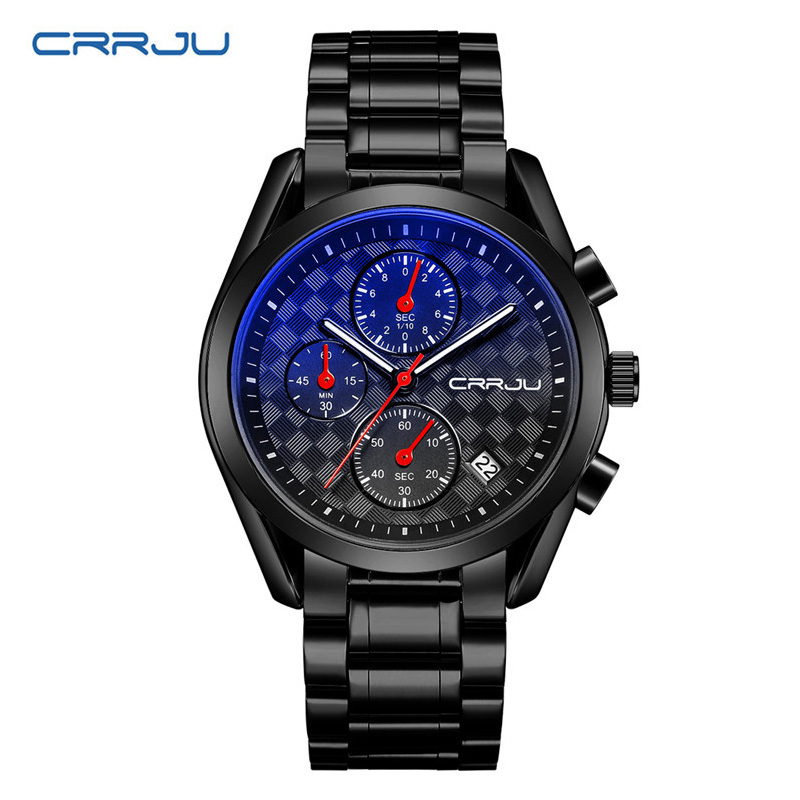 

CRRJU 2138 Watches Classical Business Quartz Waterproof Watch Male Stainless Steel Strap Chronograph Wristwatch Relogio Masculino Analog Wristwatches, Black