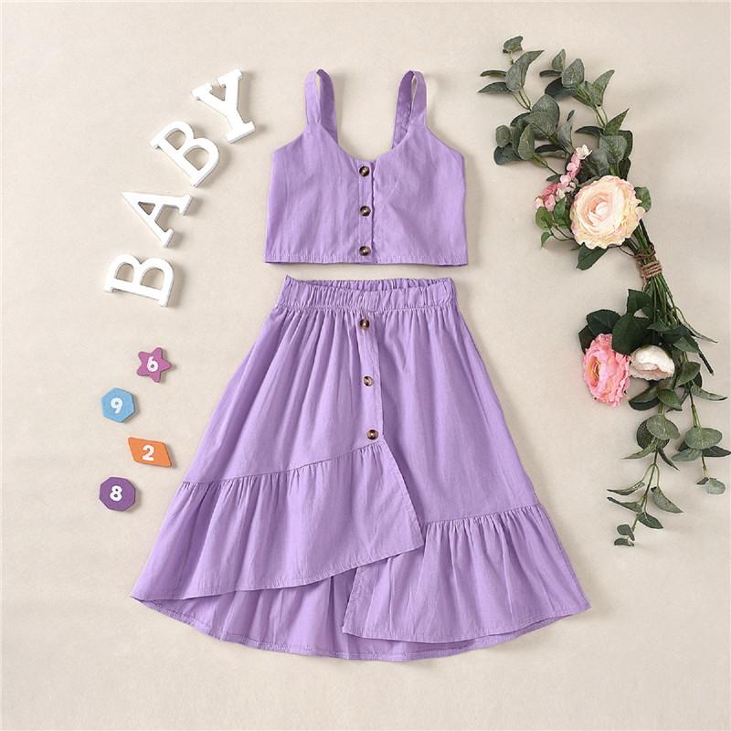 

Clothing Sets Chidlren Summer Girl's Solid Color 2Pcs Clothes Sleeveless Single Breasted Crop Tank Tops With Ruffled Irregular Skirt, As pic