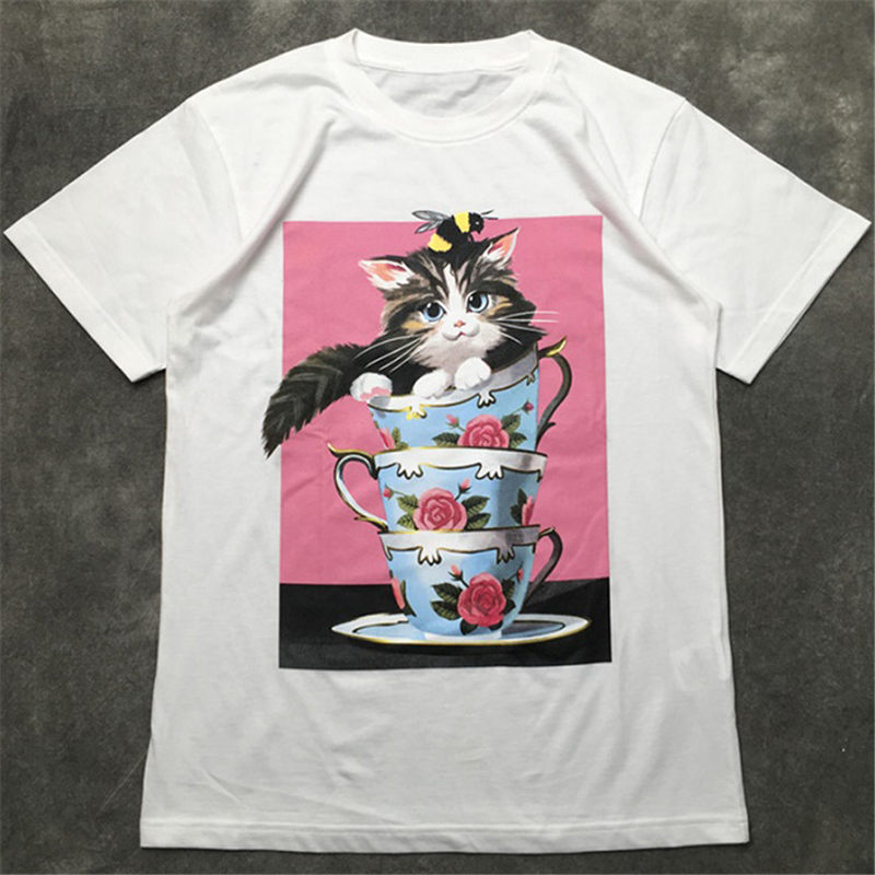 

Fashion Mens T Shirt 2020 Famous Street High Quality Cat Cup Print Polos Short Sleeve T Shirts 20ss Men Women Couples Stylist Tee, White;black