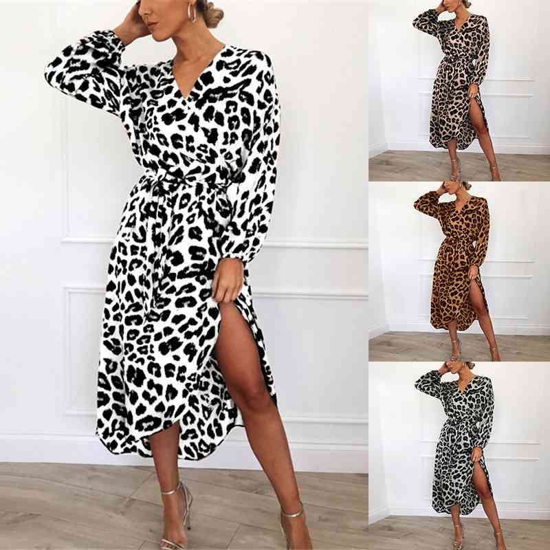 

Leopard Print Long Sleeve V-neck lace up dress for women in spring of 2019, White