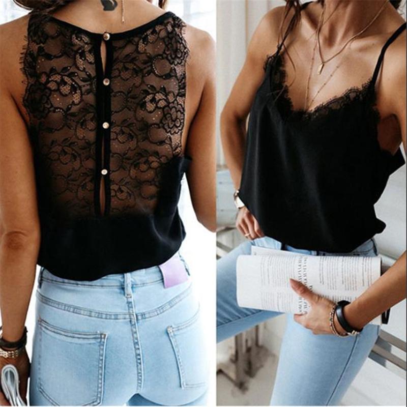 

Women's Tanks & Camis 2021 Fashion Trendy Women Summer Sleeveless Tank Tops V-neck Black Lace Camisole Sexy Button Down O Neck High Street V, White