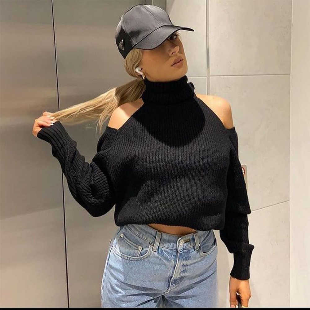 

Fall Winter Women Knit Sweater Cut-out Shoulder High Neck Long Sleeves Casual Fashion Women Sweaters Pullovers Tops 210709, Gray blue