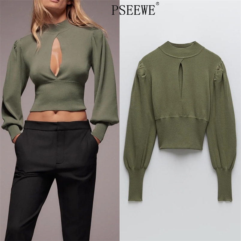 

Green Short Turtleneck Knitted Sweater Women Opening Puff Long Sleeve Crop Female Warm Tunic Rib Knit Top 210519