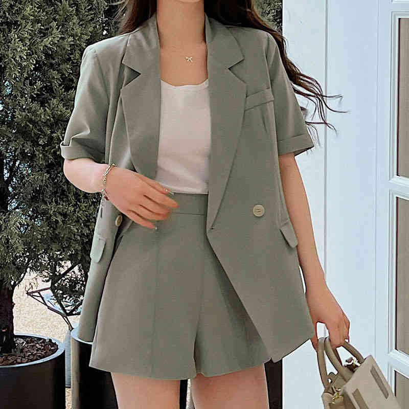 

Women's Tracksuits Conjunto feminino casual de manga curta, 2 peças, moda verão, folgado, para escritório, blusa e shorts abotoadura dupla, ws276 50PQ, 1# shoe box