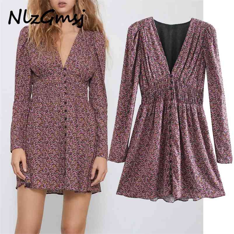 

Dres Floral Print Mini V Neck Vintage Long Sleeve Ladies Elastic Waist Elegant es 210628, As picture