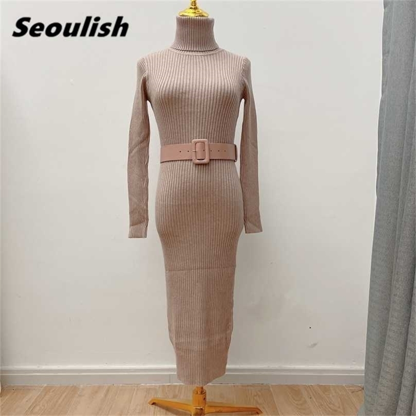 

Seoulish Autumn Winter Knitted Dress with Belted High Waist Basic Long Sleeve Sheath Bodycon Sexy Sweater Female 211109, Pink