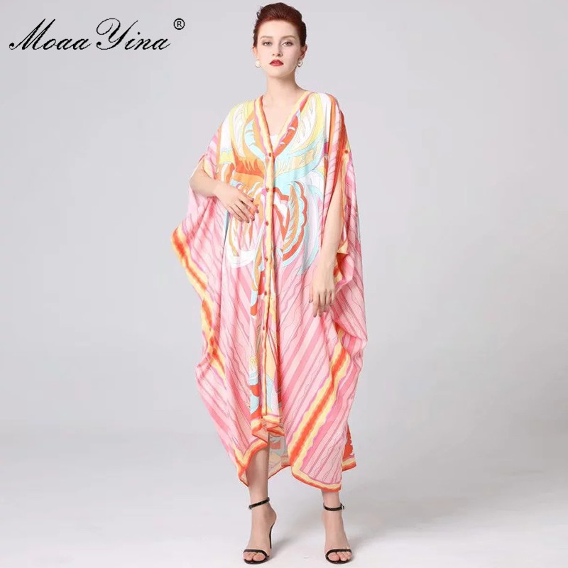 

Spring Runway Bohemia Dresses Women V-neck Batwing Sleeve Color Stripe Print Casual Loose Robe Maxi 210524, Coral red
