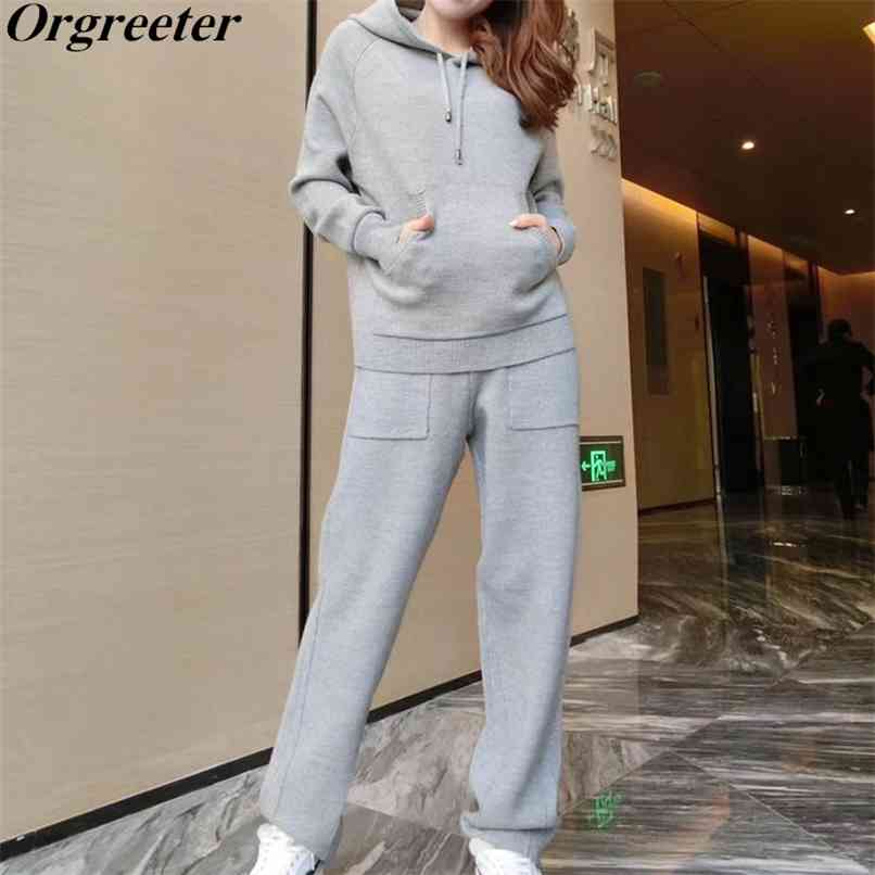 

Fall Winter Knit Sweater Hooded Tracksuit Women Long sleeve Pocket Cashmere Pullovers Tops Harem pants Sporting Sets 210602, Gray