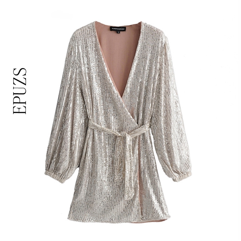 

elegant v neck Silver Sequins party Dress Women mini sexy dresses autumn Long Sleeve club wrap womens vestidos 210521