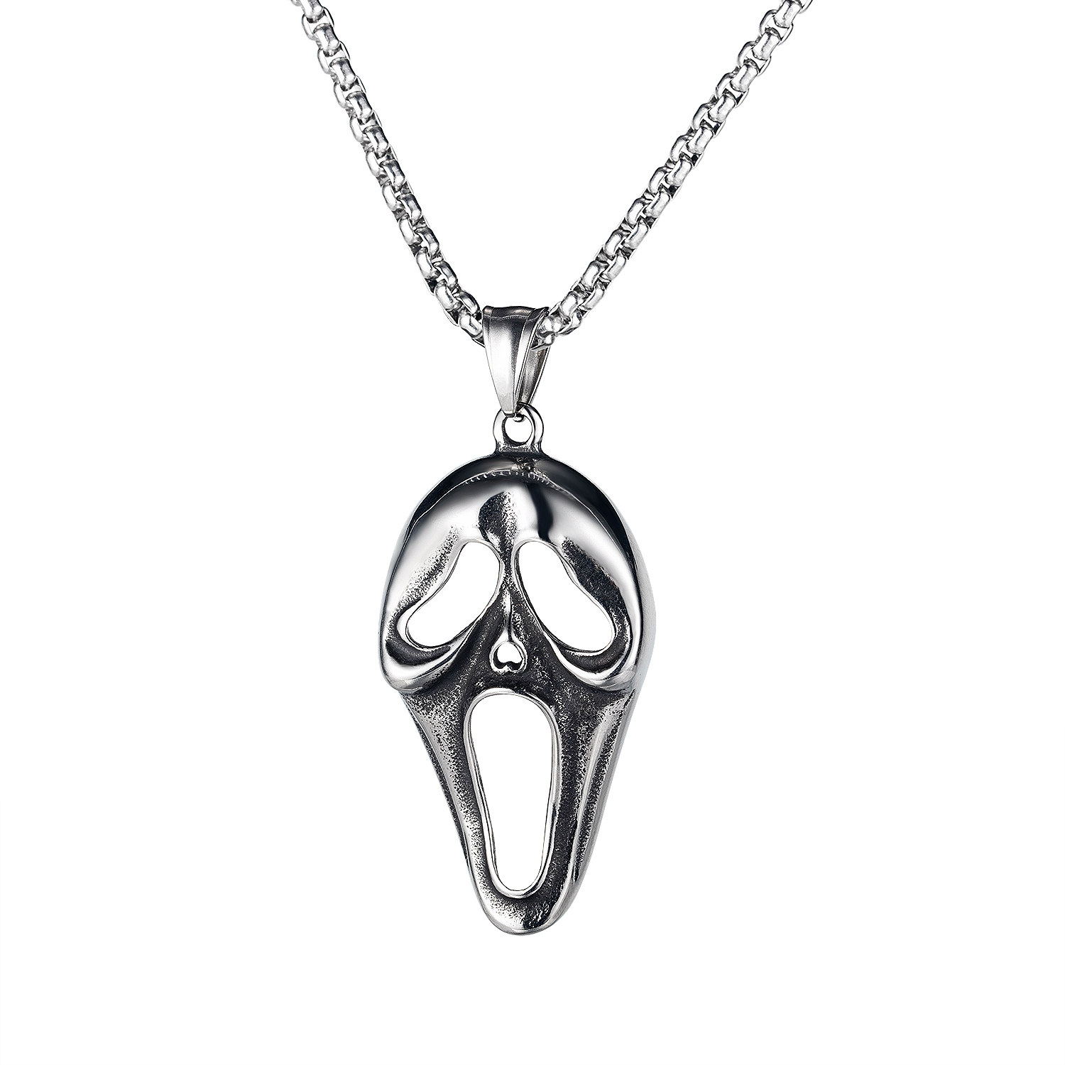 

chain necklaces pendants for mens man sliver stainless steel choker hip pop exaggerated grimace skull mask tag jewelrys to boys loves gifts, Silver