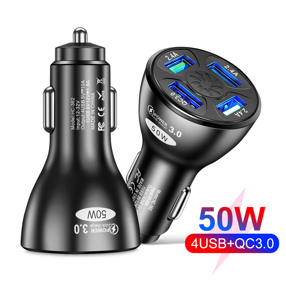 

4 Ports Multi USB Quick Car Charger 50W 7A Mini Fast Charging QC3.0 Adapter For iPhone13/Xiaomi/Huawei/Samsung, Black