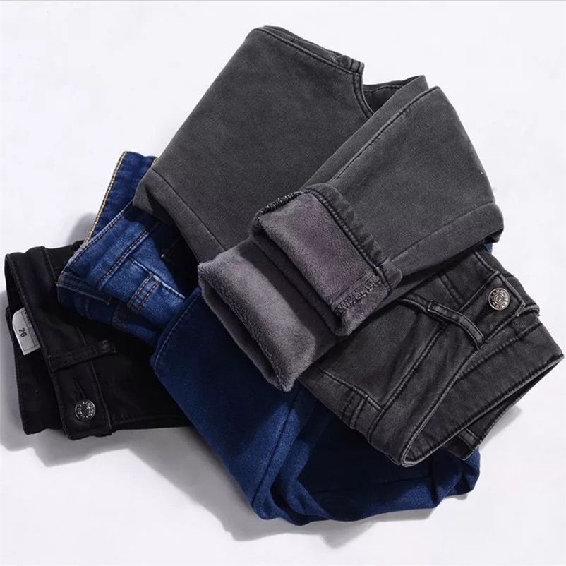 

streetwear black thickening velvet High Waist Warm Jeans For Women Winter warm Denim Pants Jean Ladies Trousers 210629, 699 black