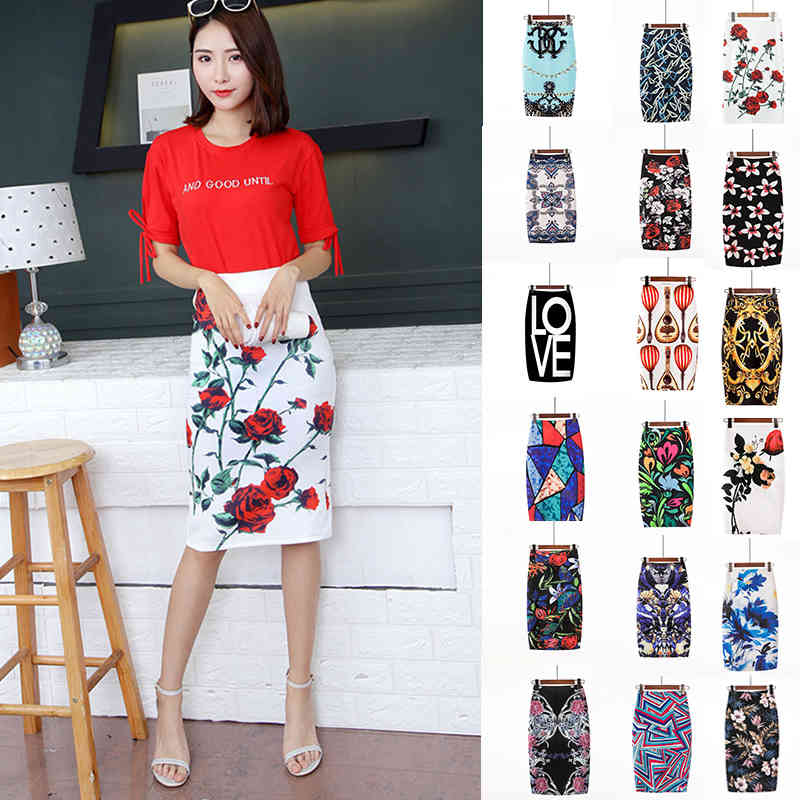 

Woman Skirts 30 Color Print Flowers Pencil Skirt Summer Casual womens Fashion Faldas Mujer Jupe saias mulher 210520, Deep blue
