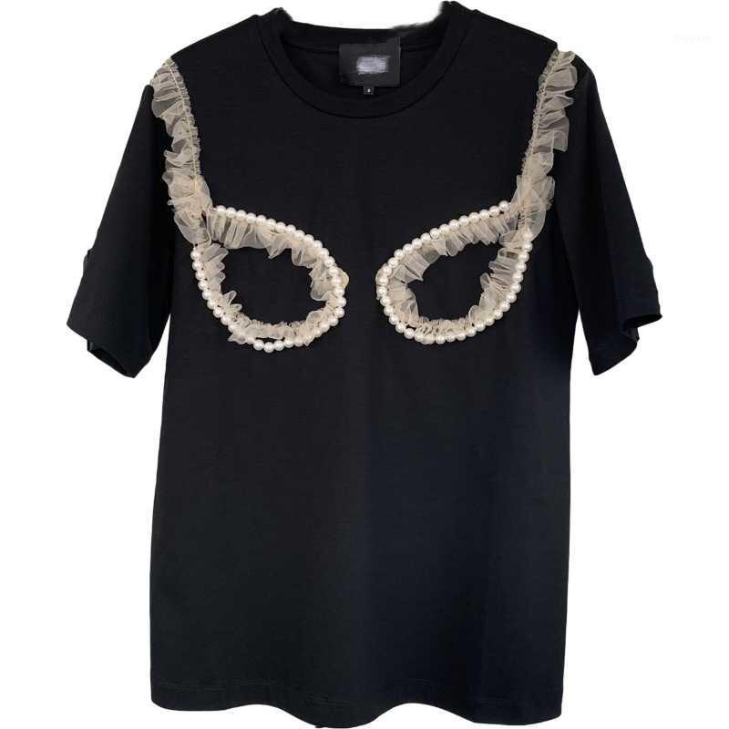 

Summer Pure Cotton Short Sleeve T-shirt 2021 Original Design Fashion Simple Pearl Mesh Stitching Black Loose Women' Top XL