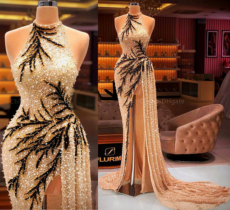 

2021 Plus Size Arabic Aso Ebi Luxurious Sparkly Sexy Prom Dresses Beaded High Split Evening Formal Party Second Reception Gowns Dress ZJ544, Hunter