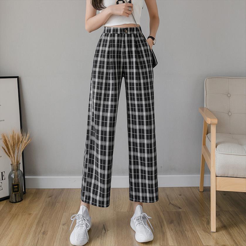 

vintage plaid elastic waist high women capri plus size wide leg female korean causal straight trousers, Black;white