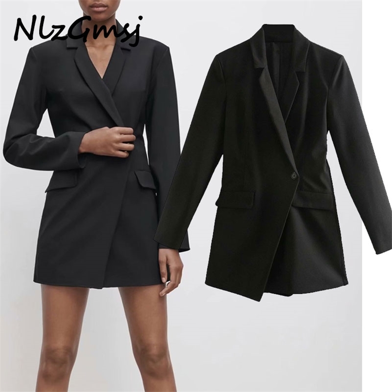 

Blazer Women Fashion Black Elegant Single Button Vintage Long Sleeve Pockets Female Outerwear Chic Tops 210628, As picture