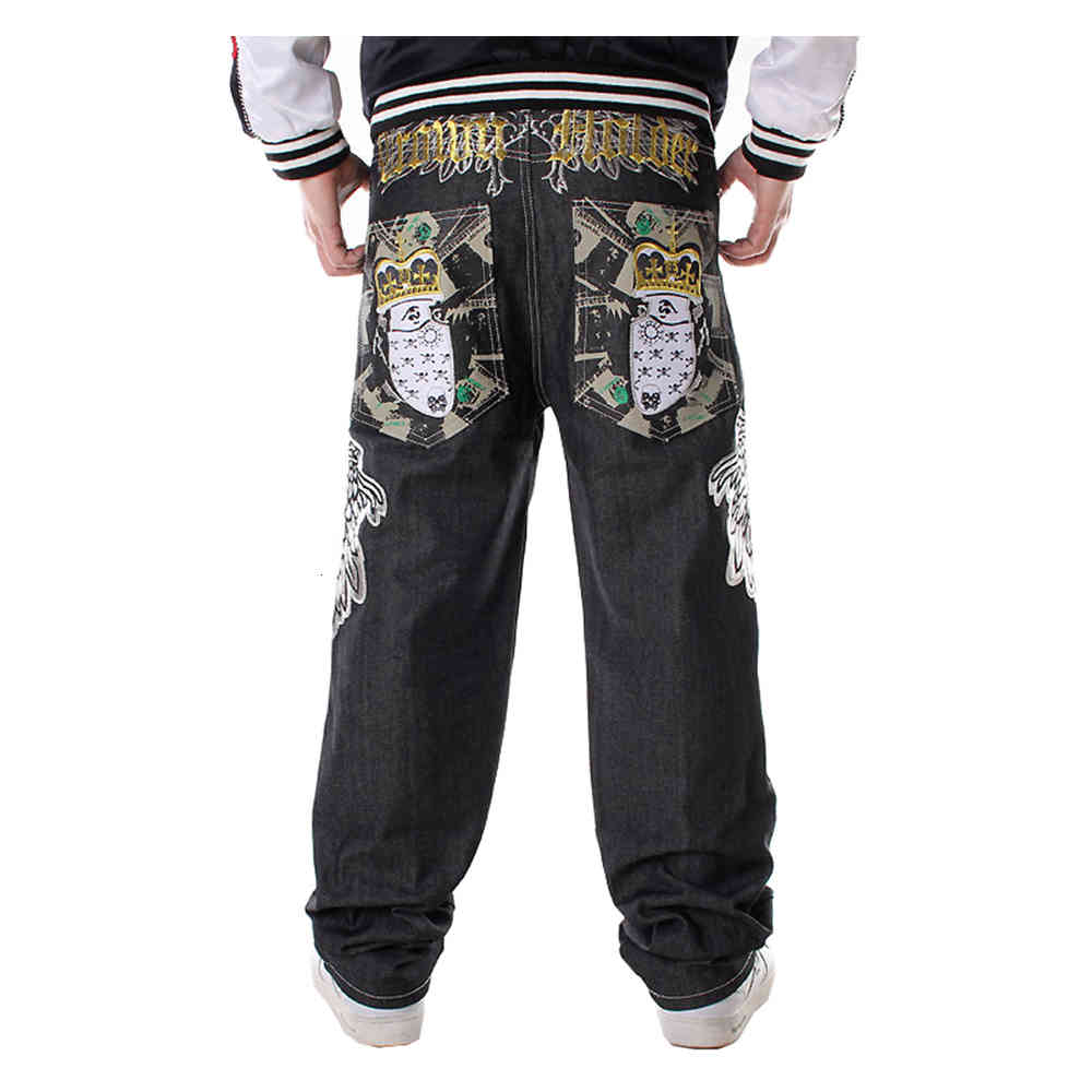 

fashion jeans sokotoo men's hip hop plus size loose streetwear denim pants letters hawk wings skull crown long trousers, Blue
