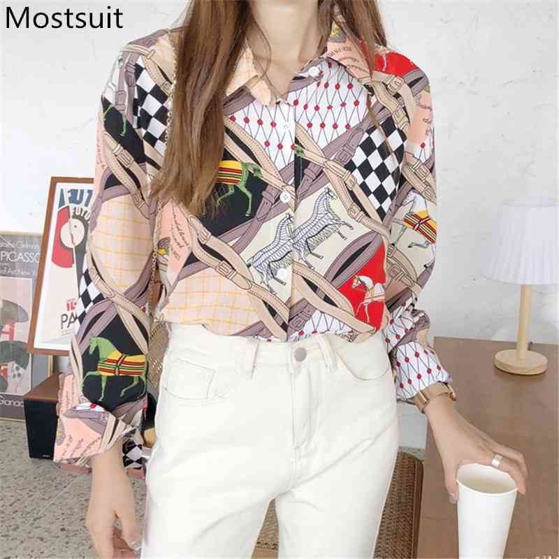 

Autumn Korean Vintage Printed Women Blouses Shirts Long Sleeve Turn-down Collar Fashion Casual Female Tops Blusas Mujer 210518, Red