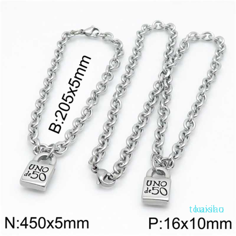 

Fashion Women Men Silver Color Gold Stainless Steel Round Lock Key Heart Uno de 50 Ball Bead Bracelet Necklace Jewelry Sets, White