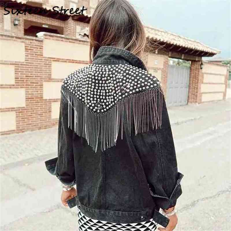 

Boho Rivet Tassel Jacket For Women Vintage Black Denim Female Long Sleeve Outerwear Street Rock Coat 210603