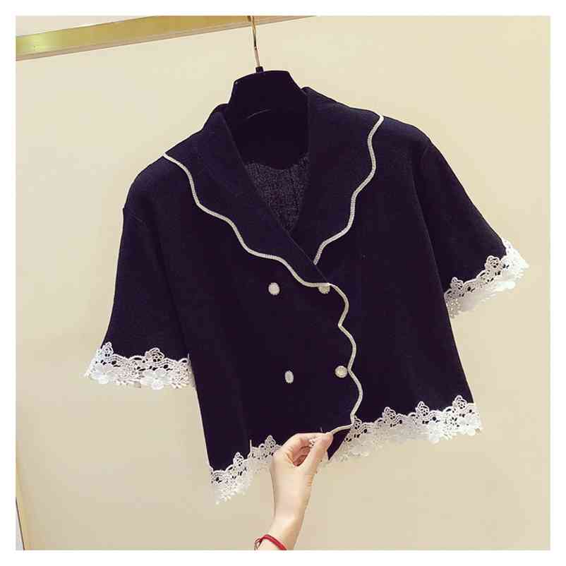 

Women Short Style Fashion Shirts Summer Show Belly Lace Shirt short Sleeves Blouse Tops Ladies Blusas A3333 210519, Beige