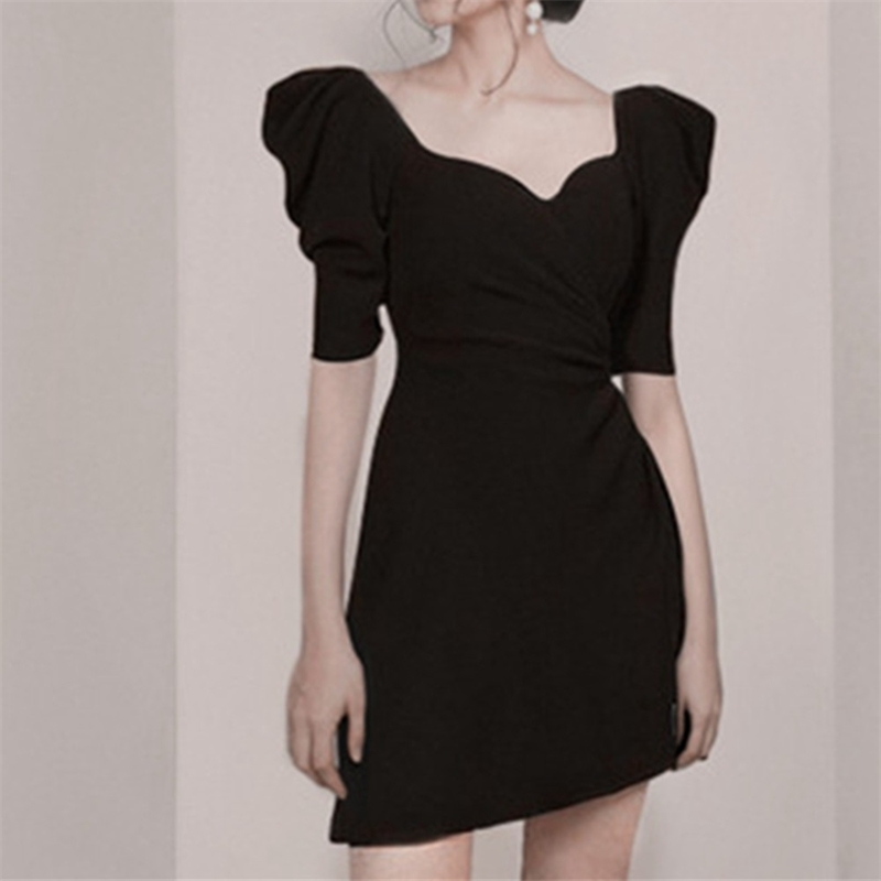 

Fashion Women High-Quality Design Summer Dresses High Waist Casual Asymmetical Collar Puff Sleeve Black Dress 210520, Photo color