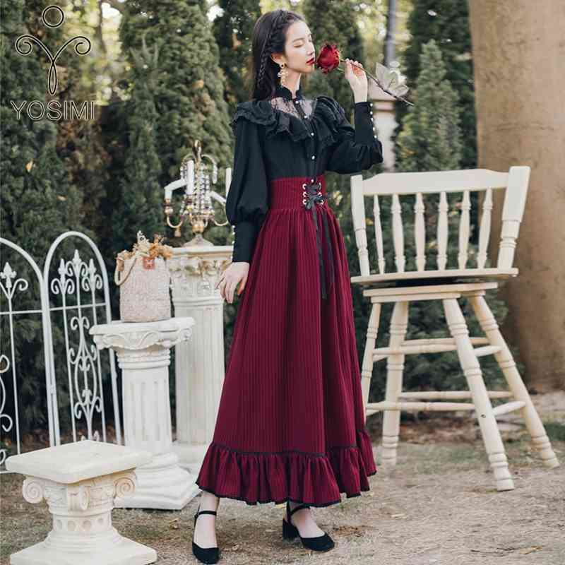 

YOSIMI Two Piece Set Full Sleeve Blouse Top and Plaid Skirt Women Outfits Black Shirt Lantern 210604