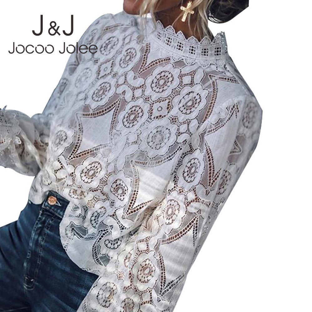 

Jocoo Jolee White Lace Elegant Blouse Shirt Sexy Hollow Out Embroidery Feminine Blouse Women Long Lantern Sleeve Summer Tops 210518, Black