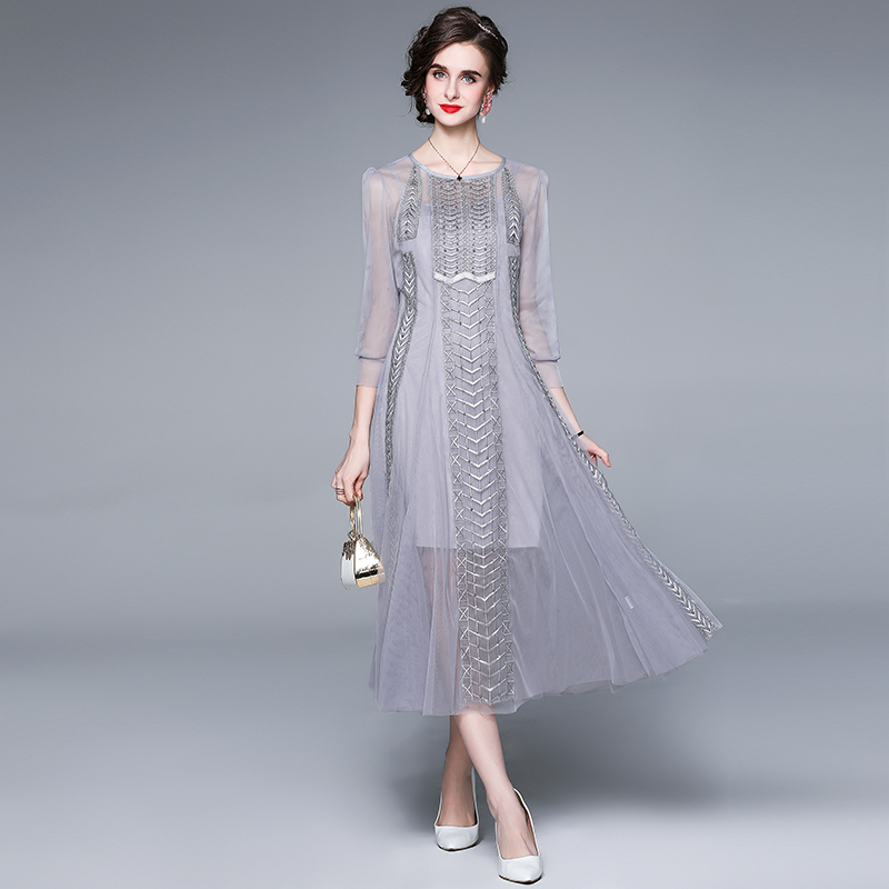 

High Quality Women Summer Designer Elegant Mesh Dress Female Sexy Wedding Cocktail Party Robe Ladies Vintage Dresses Vestidos 210525, Gray